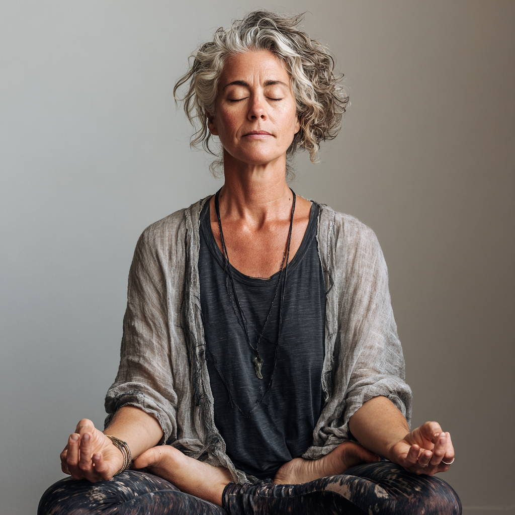 Жінка 52 років сидить у медитативній позі з закритими очима, глибоко дихає, її руки розташовані на колінах у мудрі