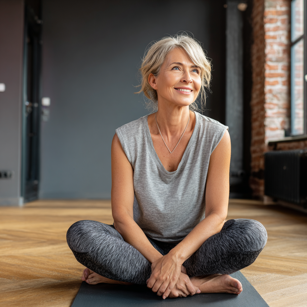 Жінка 55 років у зручному одязі виконує просту позу йоги на килимку, посміхається та відчуває спокій під час першого заняття