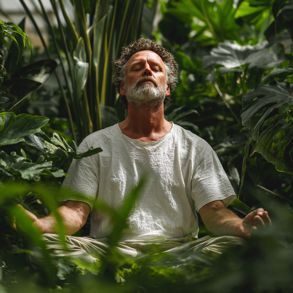 Чоловік 58 років медитує у позі лотоса серед зелених рослин, його обличчя виражає глибокий спокій та усвідомленість
