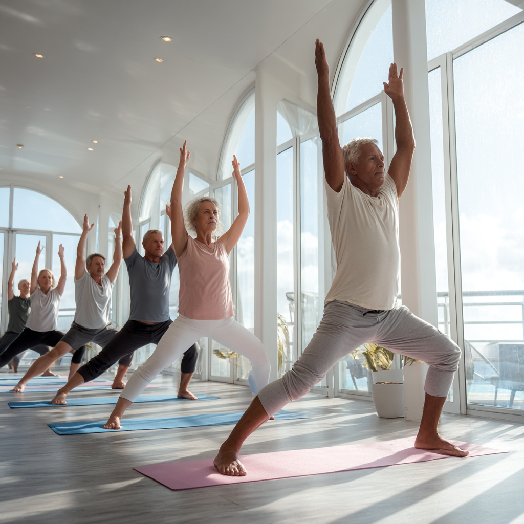 Група людей різного віку, включаючи чоловіка 60 років та жінку 55 років, разом виконують йога-асани у світлій студії з великими вікнами